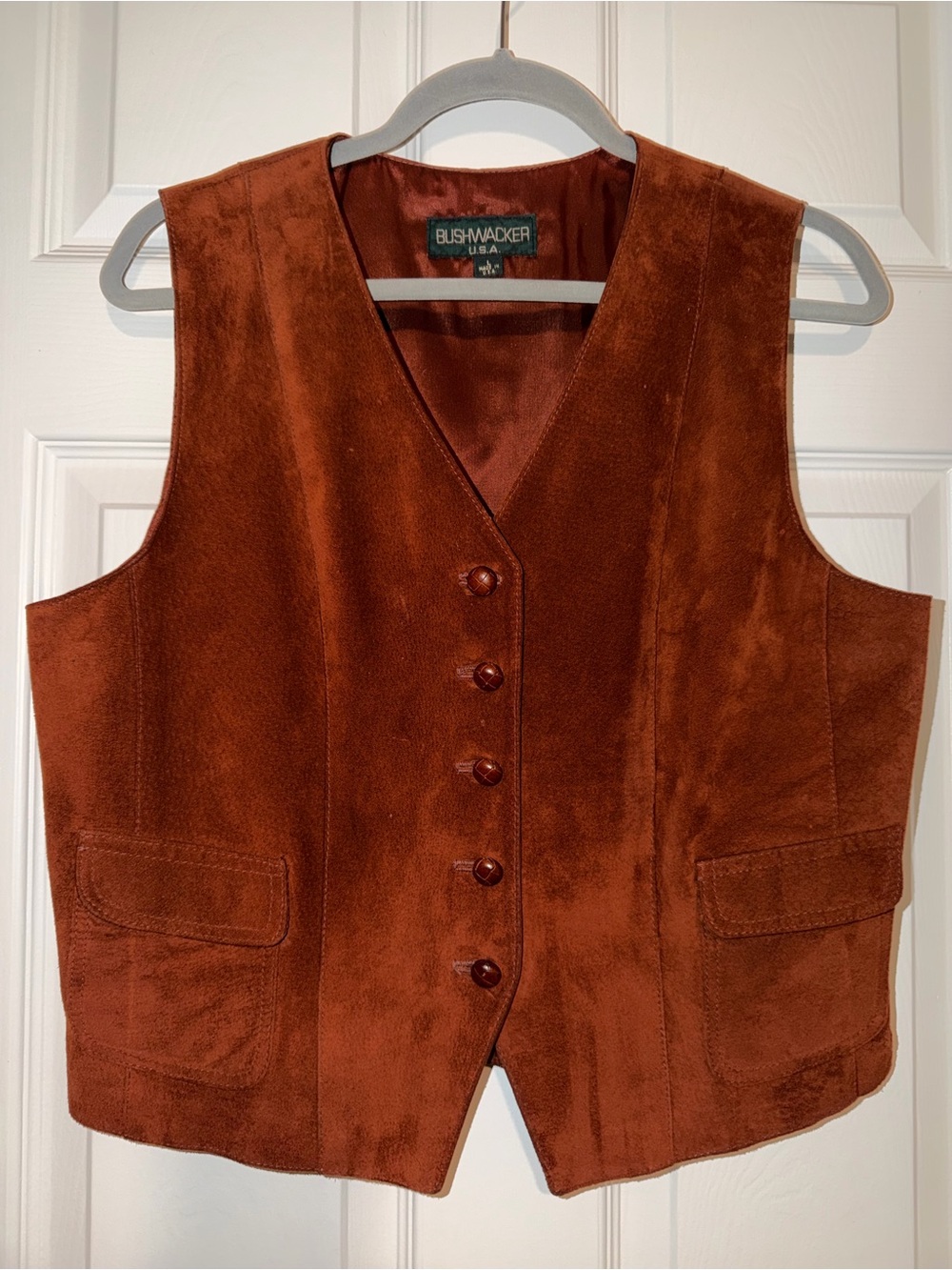 Vintage 90s Bushwacker USA Suede Leather Vest Brown Rust Western Boho Large